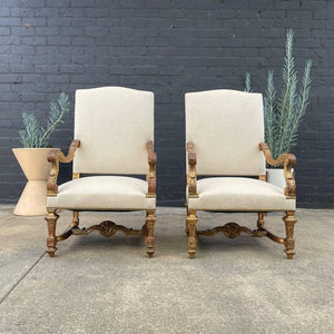 Pair of Italian Giltwood & Linen Arm Chairs