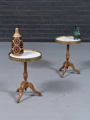 Pair of French Neoclassical Oak & Marble Side Tables, c.1960's