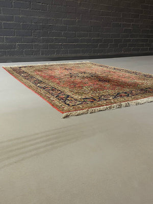 Vintage Persian-Style Floral Medallion Area Rug with Navy Border