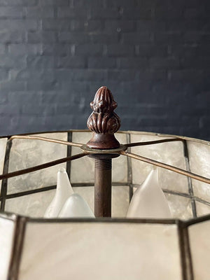 American Hollywood Regency Brass Three-Light Candelabra Table Lamp with Capiz Shell Shade, c.1970's