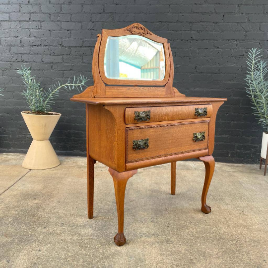 Vintage Golden Oak Dresser with Vanity Mirror and Ball Claw Feet, c.1960’s
