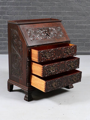 English Renaissance Revival Carved Oak Green Man Secretary Desk, c.1900's