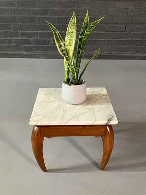 Italian Mid Century Modern White Veined Marble & Wood Side Table , c.1960's