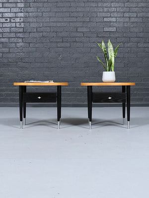 air of Mid Century Modern Natural & Ebony Wood Nightstands by Raymond Loewy for Mengel, c.1960's
