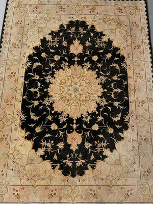 Persian-Style Black & Ivory Floral Medallion Rug with Inscription