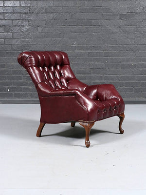 English Edwardian Chesterfield Style Leather Chair & Ottoman, c.1960's