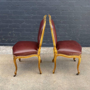 Pair of Antique French Louis XVI Gold-Leaf Gilded Carved Wood & Cognac Leather Side Chai