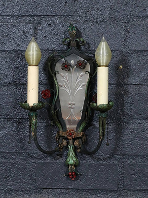 Pair of Italian Florentine Painted Metal & Etched Mirror Wall Sconces, c.1920's