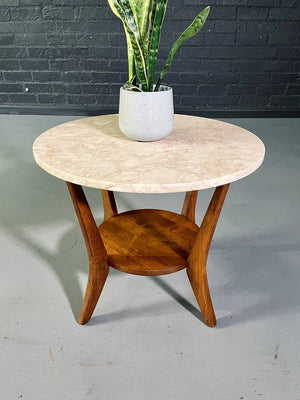 American Mid-Century Modern Wood & Marble Round Side Table, c.1960's