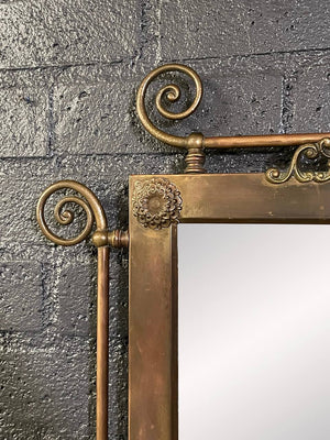 Antique Victorian Revival Brass Wall Mirror with Floral Rosettes & Scrollwork, c.1950's