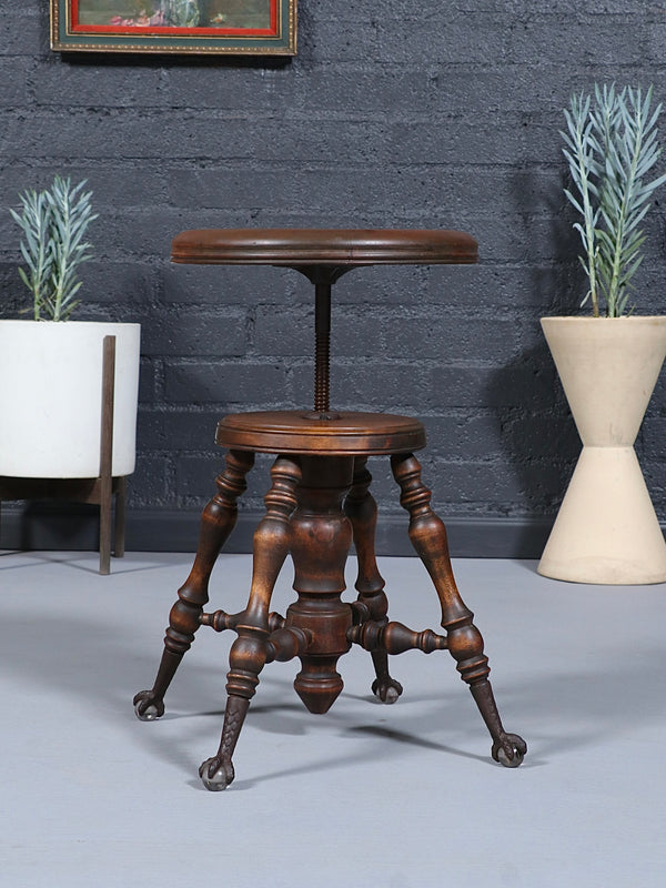 American Victorian Adjustable Piano Stool w/ Ball & Claw Glass Feet, c.1930’s