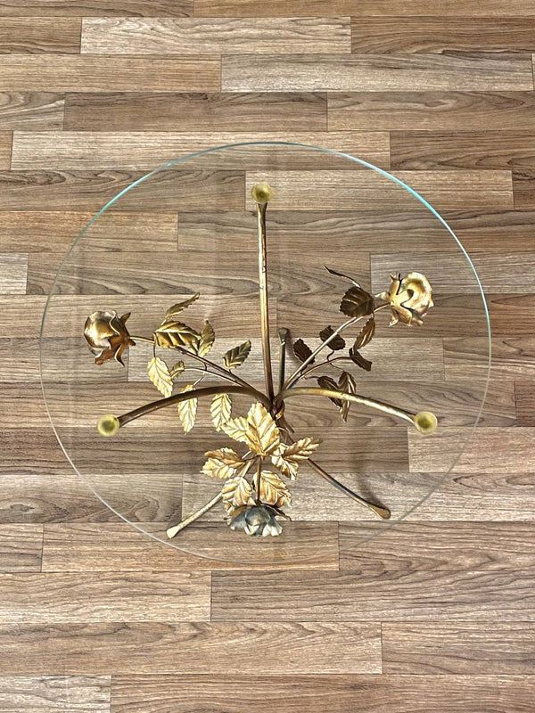 Italian Hollywood Regency Gilt-Metal Rose & Leaf Side Table w/ Glass Top, c.1960’s