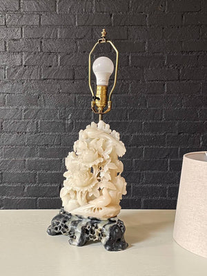 Vintage Italian Neoclassical Carved Alabaster Table Lamp w/ Floral & Bird Motif