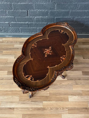 Italian Rococo Revival Carved Walnut Coffee Table w/ Floral Marquetry Inlay c.1920's