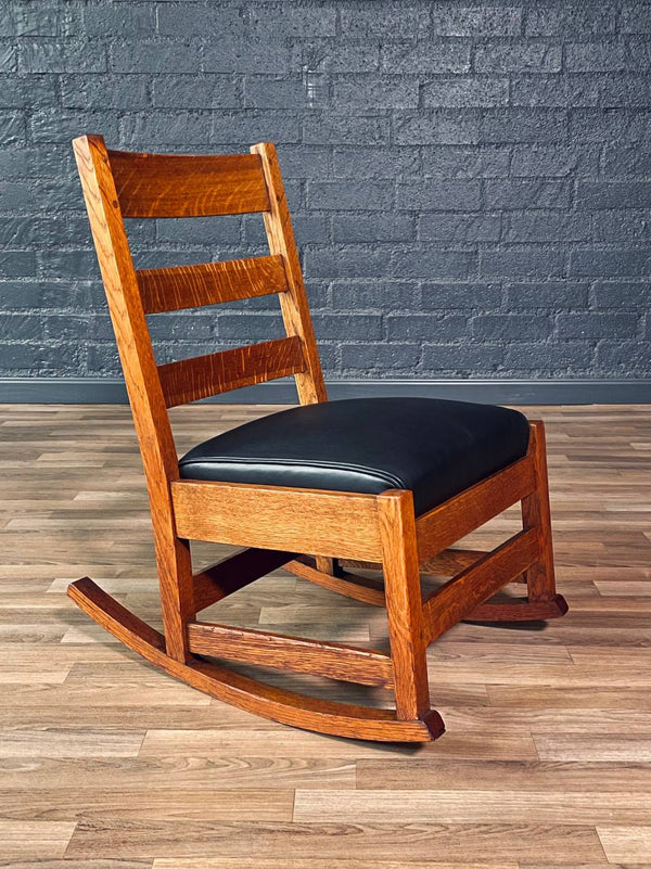 Arts & Craft Mission Tiger Oak & Leather Rocking Chair by Stickley, c.1910’s