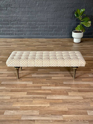 Mid-Century Hollywood Regency Tufted Bench w/ Brass Fluted Legs, c.1960s