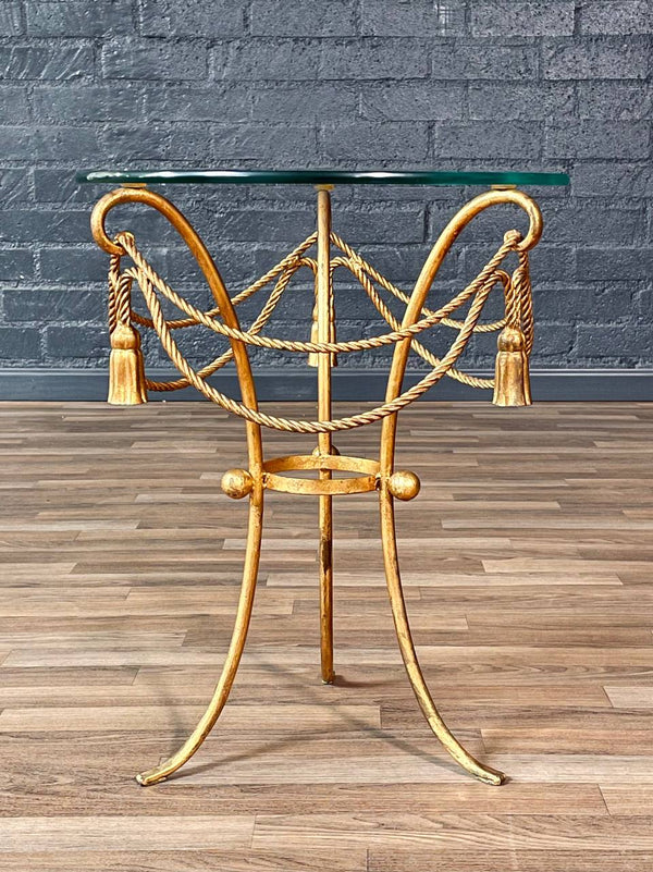 Italian Hollywood Regency Gilt Metal Rope & Tassel Side Table w/ Glass Top, c.1960’s