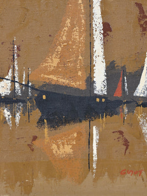 Jacques Henri Guyot French Mid-Century Modern Harbor Scene Oil Painting w/ Sailboats, c.1960’s