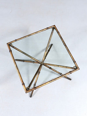 Vintage French Hollywood Regency Faux Bamboo Gilt Iron & Glass Side Table, c.1960’s