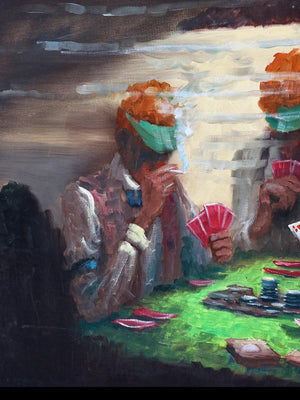 Vintage Signed Latin American Poker Scene Oil Painting by Rodolfo Tarallo, c.1980's