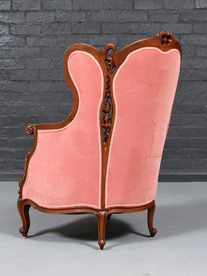 Antique Victorian Rococo Revival Carved Walnut & Velvet Wingback Chair, c.1950’s