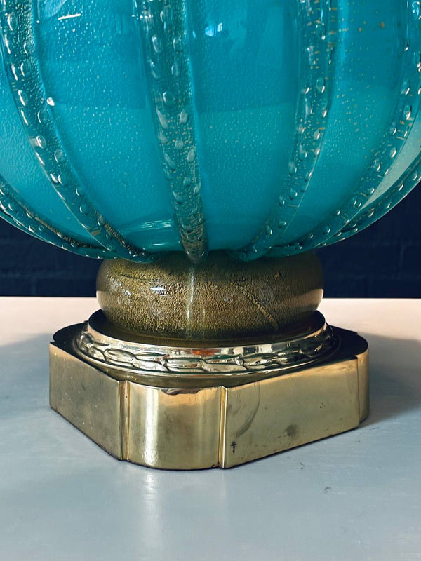 Hollywood Regency Italian Murano Glass & Brass Table Lamp in Turquoise Bullicante, c.1960’s
