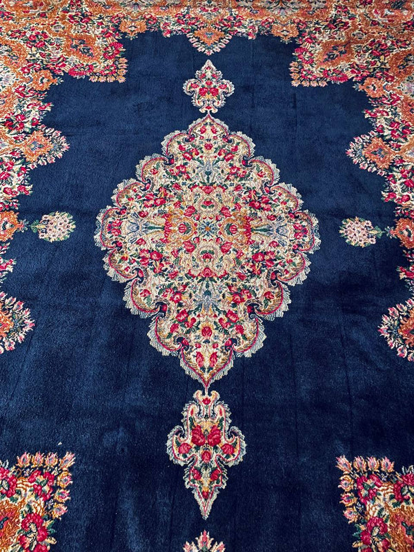 Large Persian Kashan Rug Hand-Knotted Rust Floral Medallion on Deep Indigo Field, c.1930s