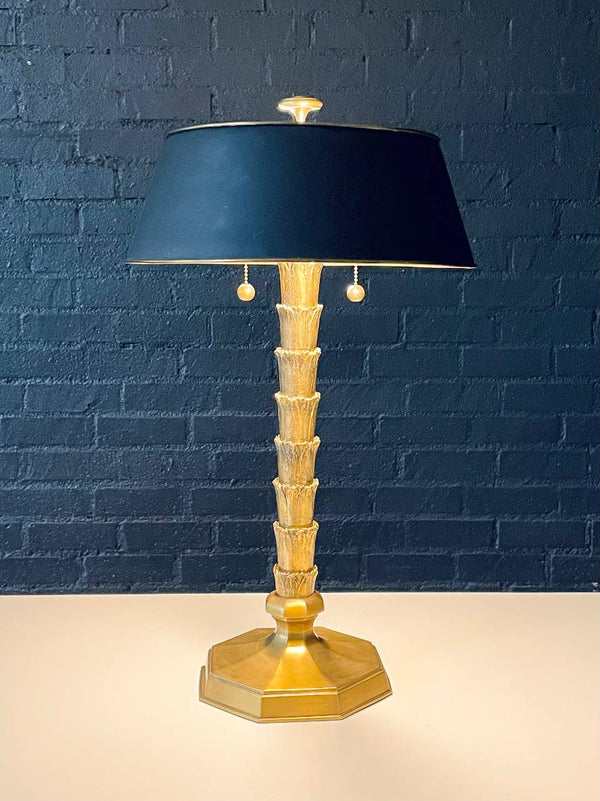 Hollywood Regency Brass “As You Like It” Stacked Leaf Table Lamp w/ Black Metal Shade, c.1970’s