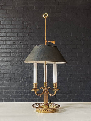 Vintage French Bouillette Brass Table Lamp with Tole Shade, c.1960’s