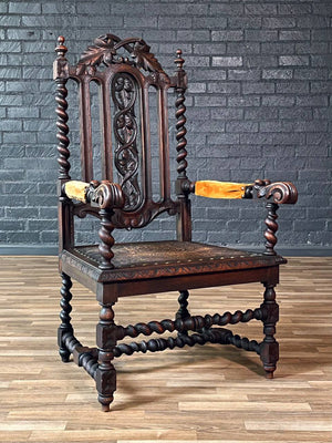 English Baroque Oak & Tooled Leather Armchair w/ Barley Twist Legs, c.1910’s