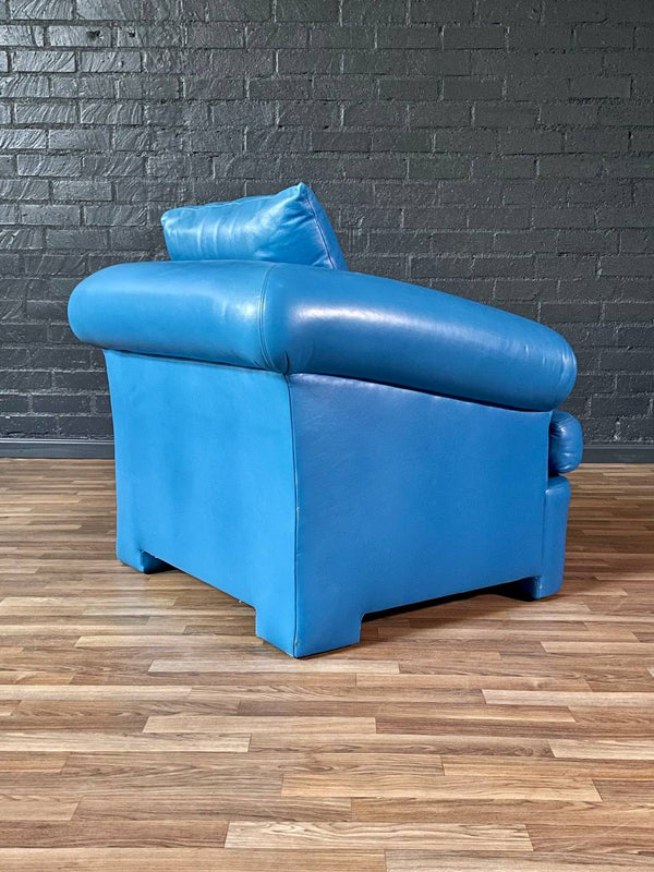 Vintage Post Modern Blue Leather Lounge Chair w/ Ottoman, c.1980’s