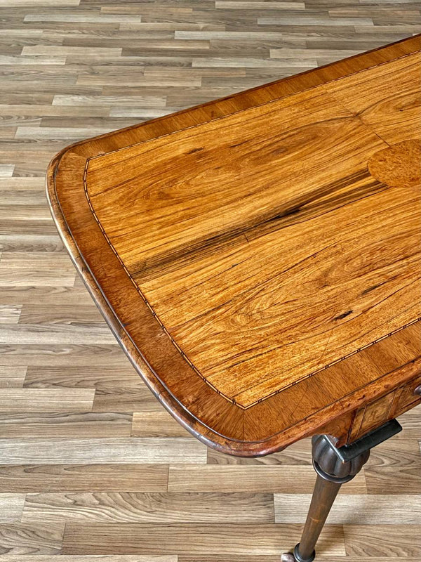 Antique Rosewood & Burl Wood Writing Desk / Entry Table w/ Turned Legs & Inlay, 1900’s