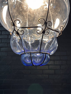 Pair of Vintage Blue Bubble Glass & Iron Pendant Lantern Lights, c.1960’s