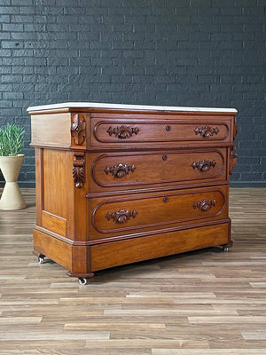 Antique American Walnut Marble Top Chest with Four Drawers, c.1900’s