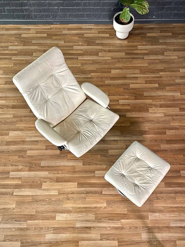 Ekornes Stressless Beige Leather & Chrome Reclining Swivel Lounge Chair w/ Ottoman, c.1970’s