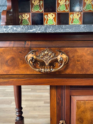 Victorian Eastlake Black Marble-Top Washstand w/ Mirror & Floral Tiles, c.1940’s