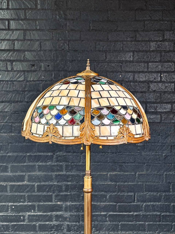 Tiffany Style Art Nouveau Style Floor Lamp w/ Slag Glass Shade, c.1940’s