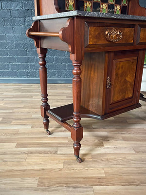 Victorian Eastlake Black Marble-Top Washstand w/ Mirror & Floral Tiles, c.1940’s
