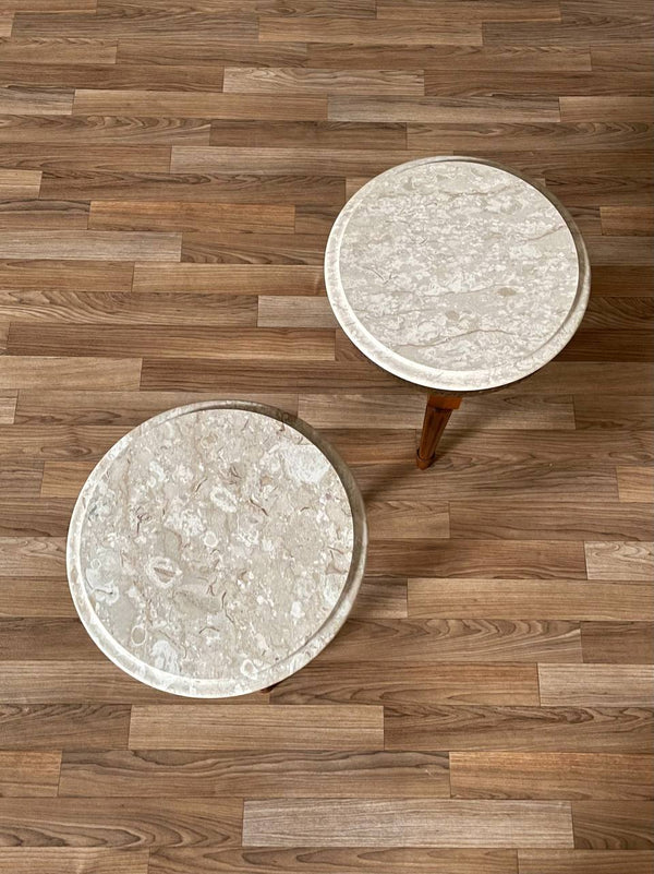 Pair of Antique French Louis XVI Style Marble-Top Side Tables w/ Brass Gallery, c.1930s