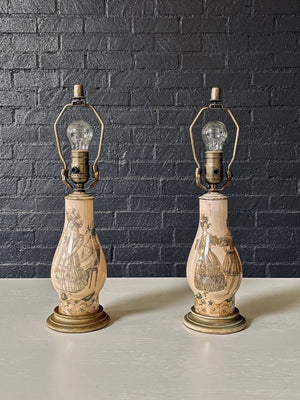 Pair of Vintage Hollywood Regency Ceramic Table Lamps w/ Rococo Fashion Illustrations, c.1950s