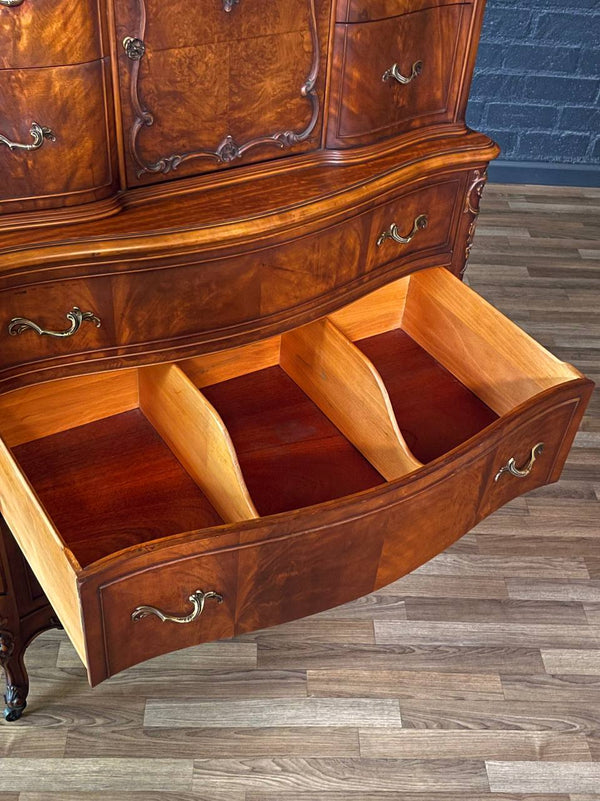 French Provincial Style Flame Mahognay Highboy Dresser w/ Serpentine Front, c.1940’s