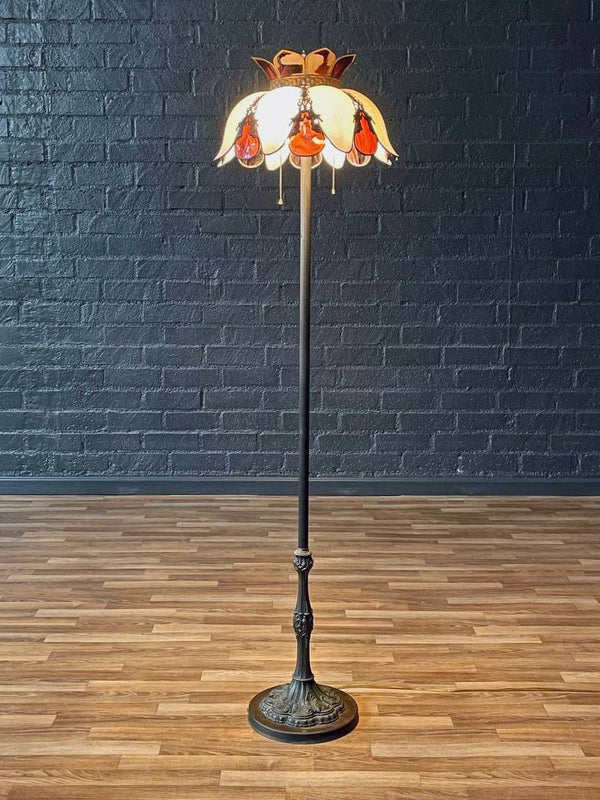 Vintage Art Nouveau Style Floor Lamp w/ Slag Glass Shade, c.1960’s