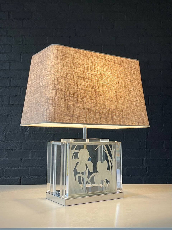 Vintage Etched Glass & Lucite Table Lamp by Fredrick Ramond, c.1980’s