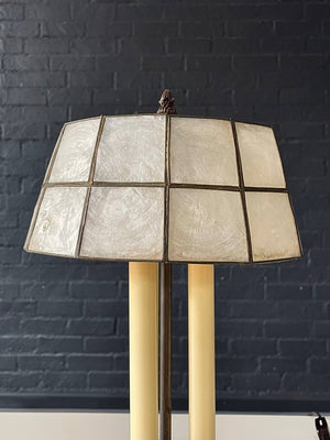 American Hollywood Regency Brass Three-Light Candelabra Table Lamp with Capiz Shell Shade, c.1970's
