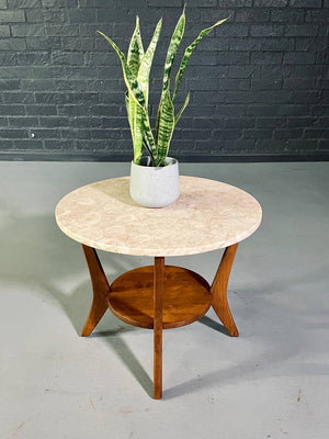 American Mid-Century Modern Wood & Marble Round Side Table, c.1960's
