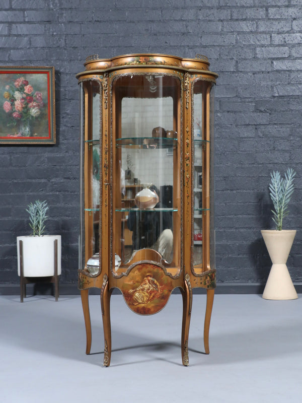 French Louis XV Style Hand-Painted Curio Vitrine Cabinet, c.1920’s
