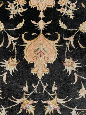 Persian-Style Black & Ivory Floral Medallion Rug with Inscription