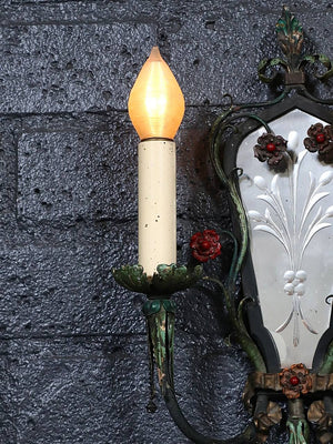 Pair of Italian Florentine Painted Metal & Etched Mirror Wall Sconces, c.1920's