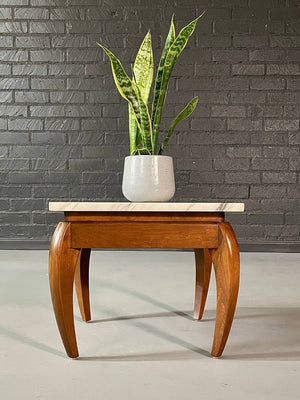 Italian Mid Century Modern White Veined Marble & Wood Side Table , c.1960's