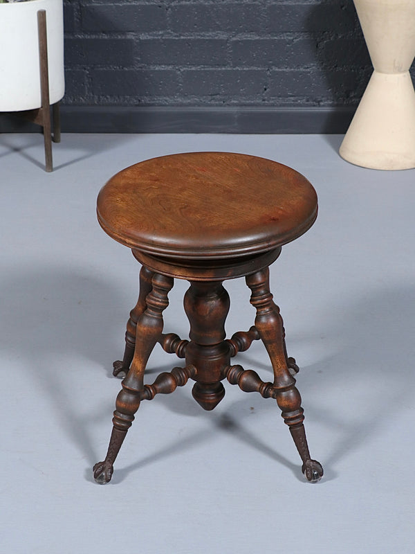 American Victorian Adjustable Piano Stool w/ Ball & Claw Glass Feet, c.1930’s